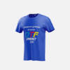 T-shirt blu con stampa “Campione gratuito di prova DTF Print 24h” offerta come campione gratuito di stampa DTF